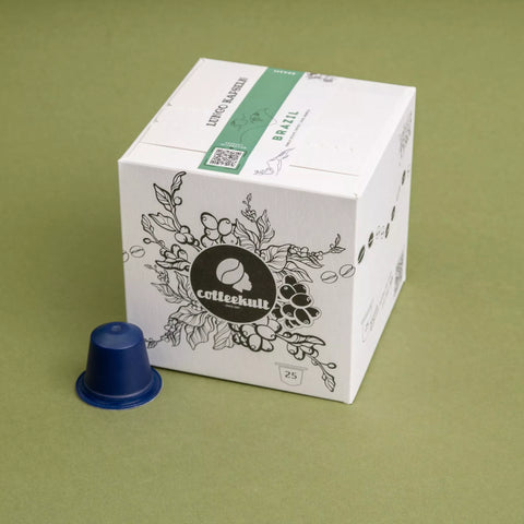 Packung mit kompatiblen Lungo Kapseln Brasilien für vollmundigen Kaffeegenuss mit Noten von Nuss