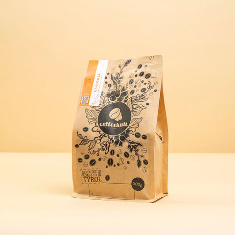 Äthiopien Dumerso Site Kaffeebohnen mit blumig-fruchtigen Aromen in charakteristischer coffeekult 500 Gramm Verpackung