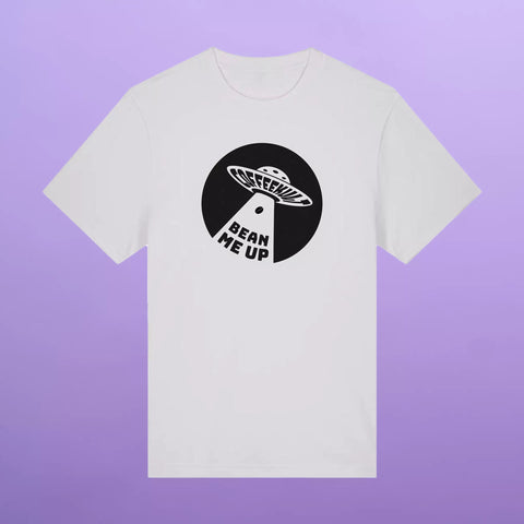 Weißes T-Shirt mit Grafik ‚Bean Me Up‘ – Kaffeeliebhaber-Motiv
