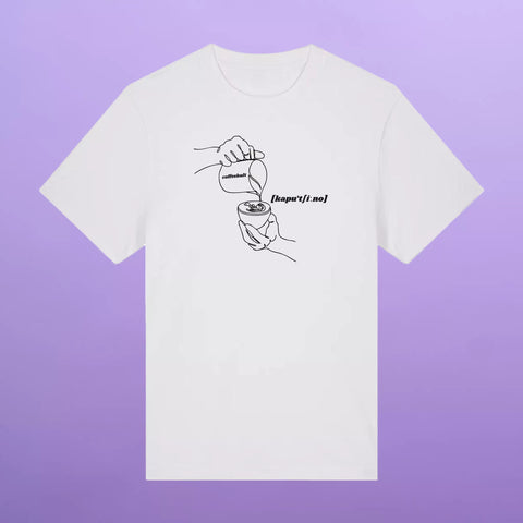 T-Shirt mit Schriftzug ‚Capuccino‘ in Lautschrift – Kaffee-Motiv